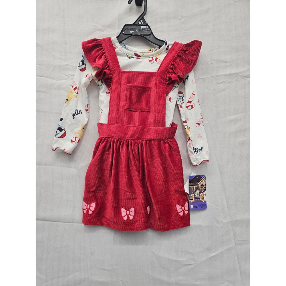 Bluey Girls Red Corduroy‎ Pinafore Dress and Long Sleeve Shirt Set 2T BYG458ST